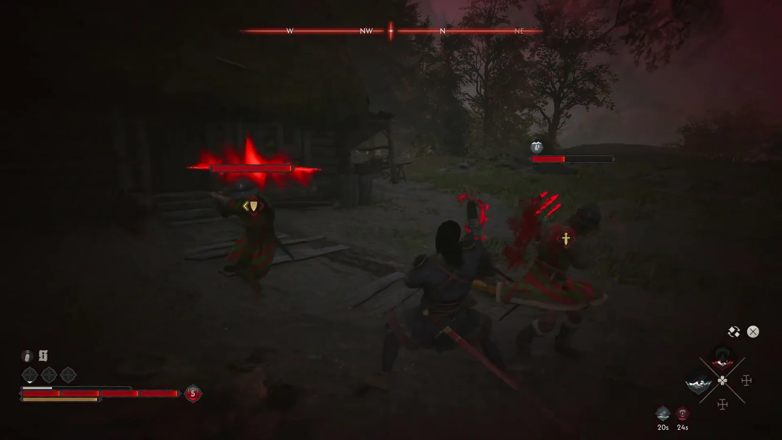 Coen swinging at two marked headhunters with their red health bars showing on the HUD