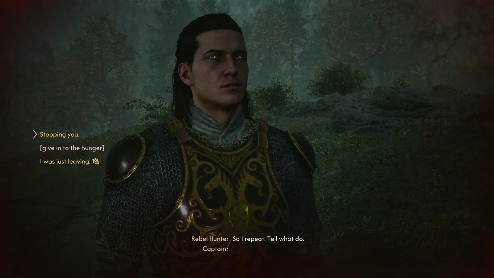 Dialogue wheel during the standoff with the Rebel Hunter Captain, with the leaving option highlighted