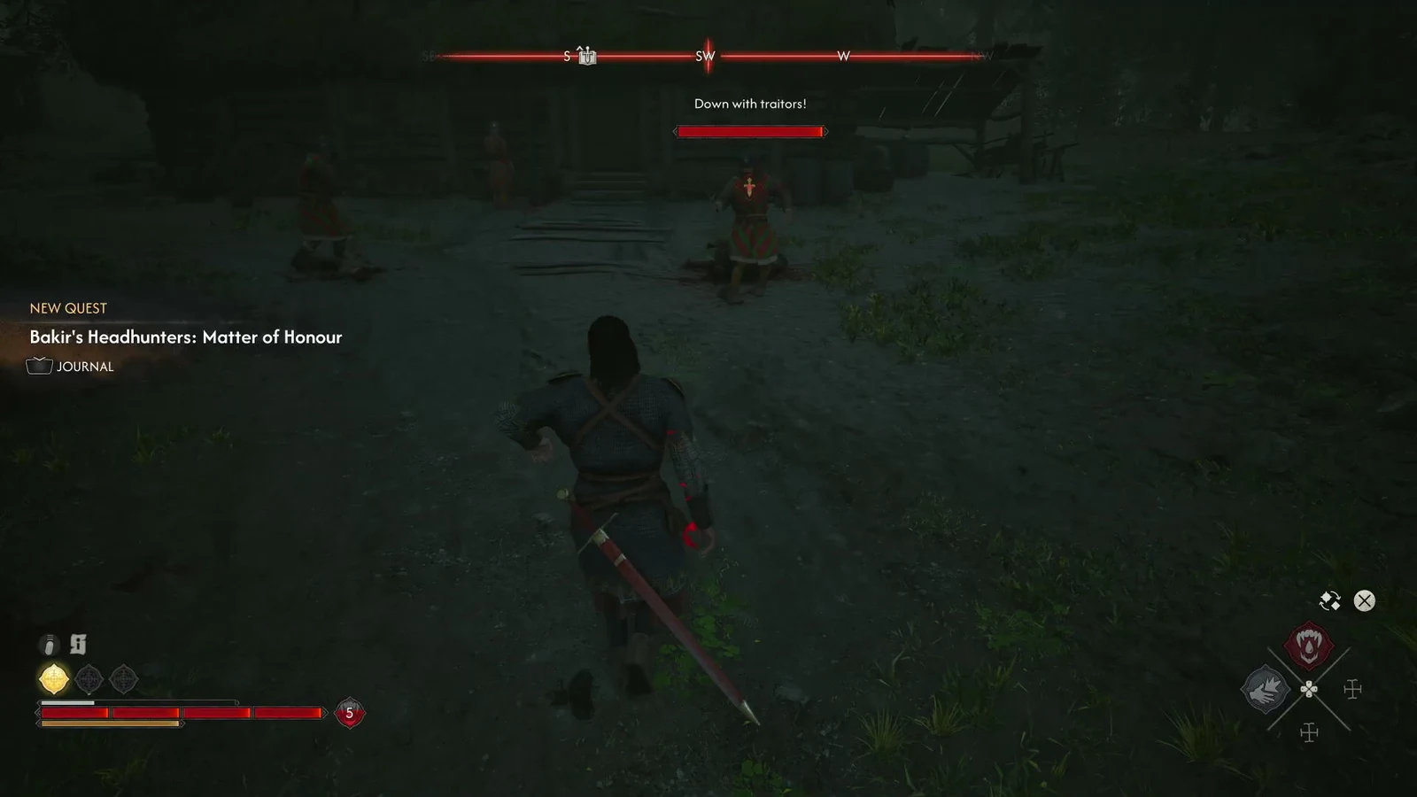 The Matter of Honour quest card on screen while a headhunter charges shouting at Coen