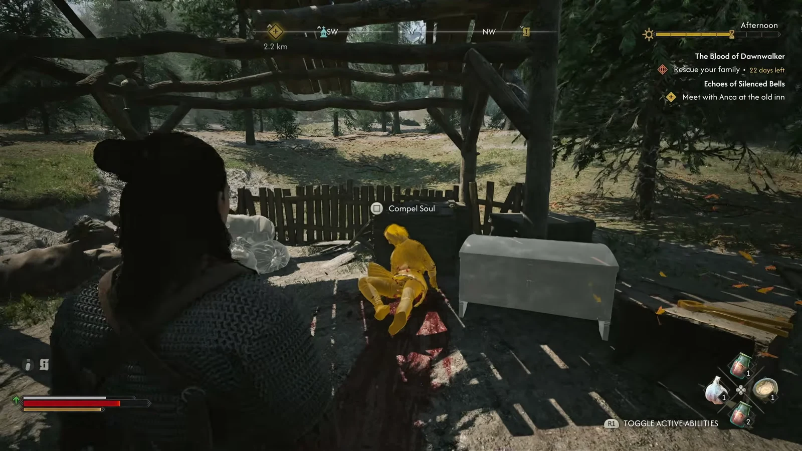Compel Soul prompt appearing over the highlighted body of the seated dead rebel