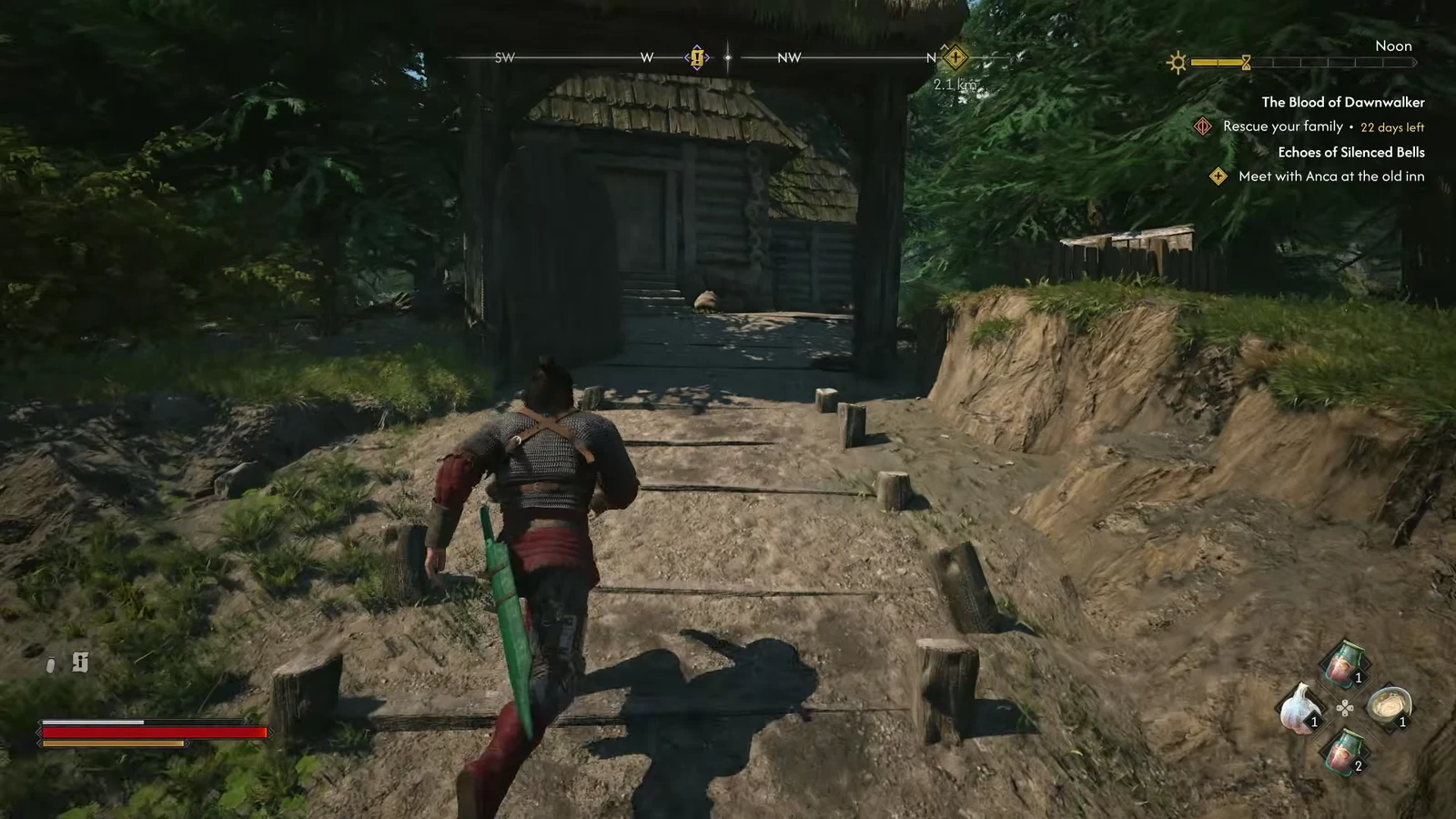 Coen walking up to the wooden hut in the Porina woods with a quest objective on screen