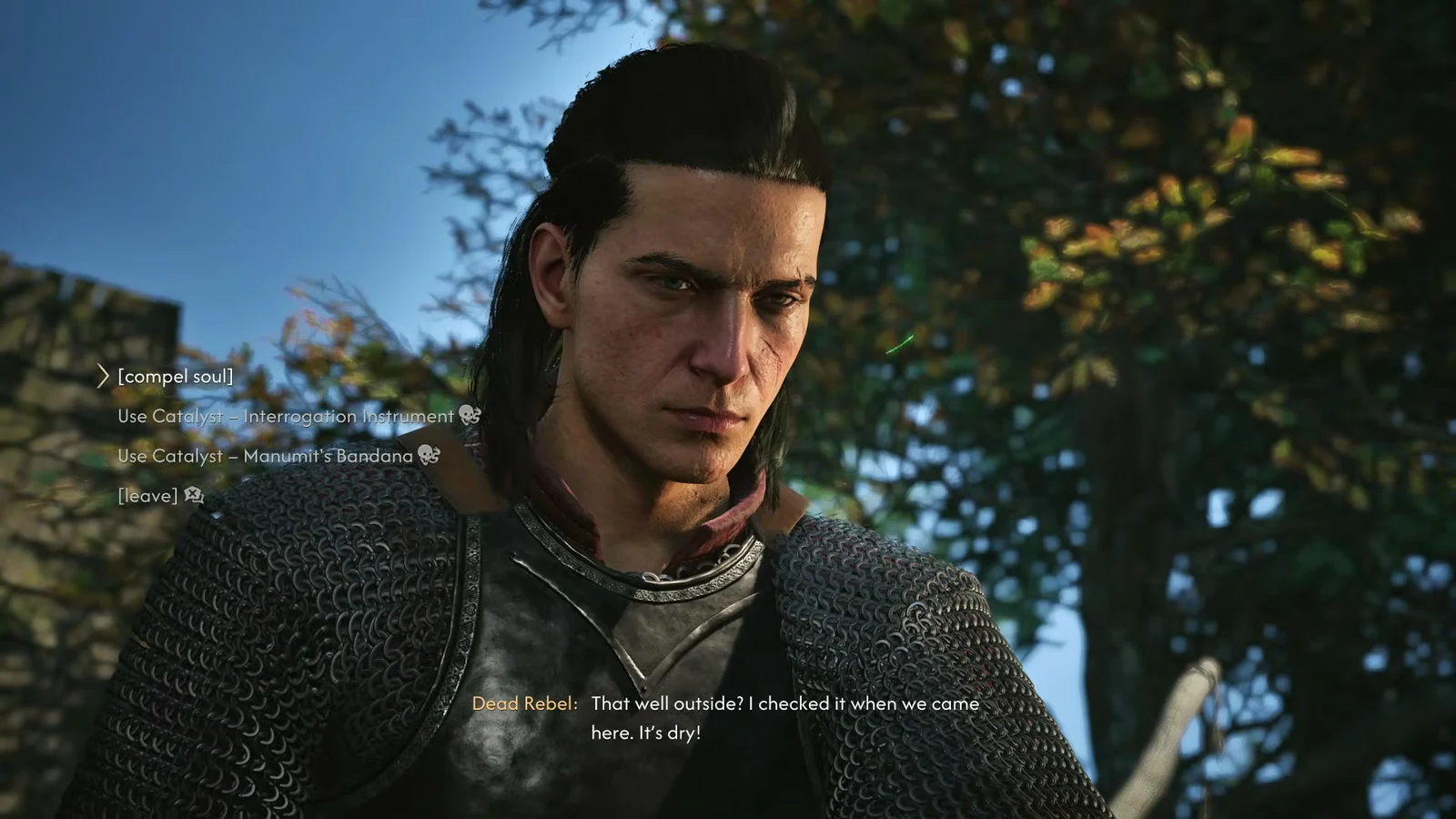 Dialogue wheel showing both catalyst options, with the Interrogation Instrument choice available
