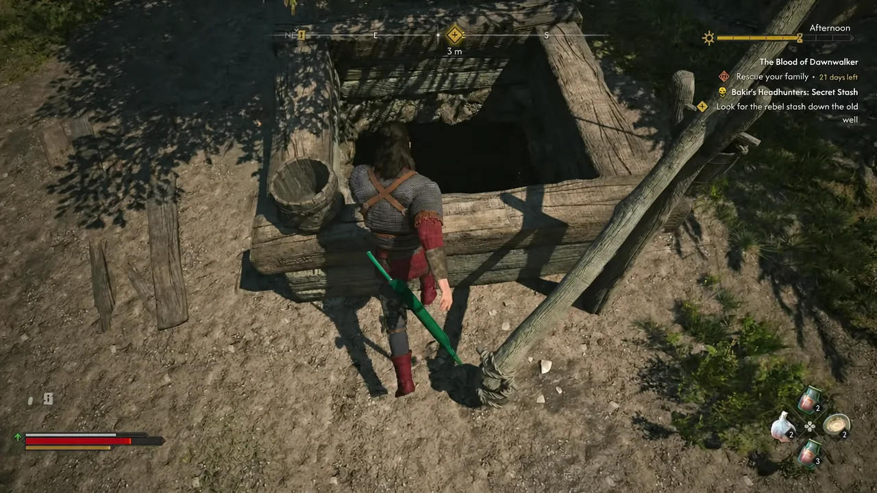 Secret Stash objective on the HUD while Coen searches the old stone well