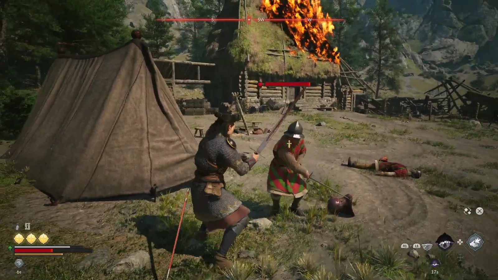 Coen striking a headhunter whose red health bar is draining, next to burning huts