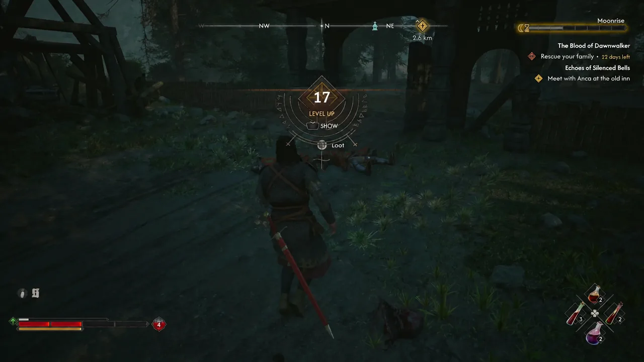 The camp after the fight, with fallen headhunters left to loot