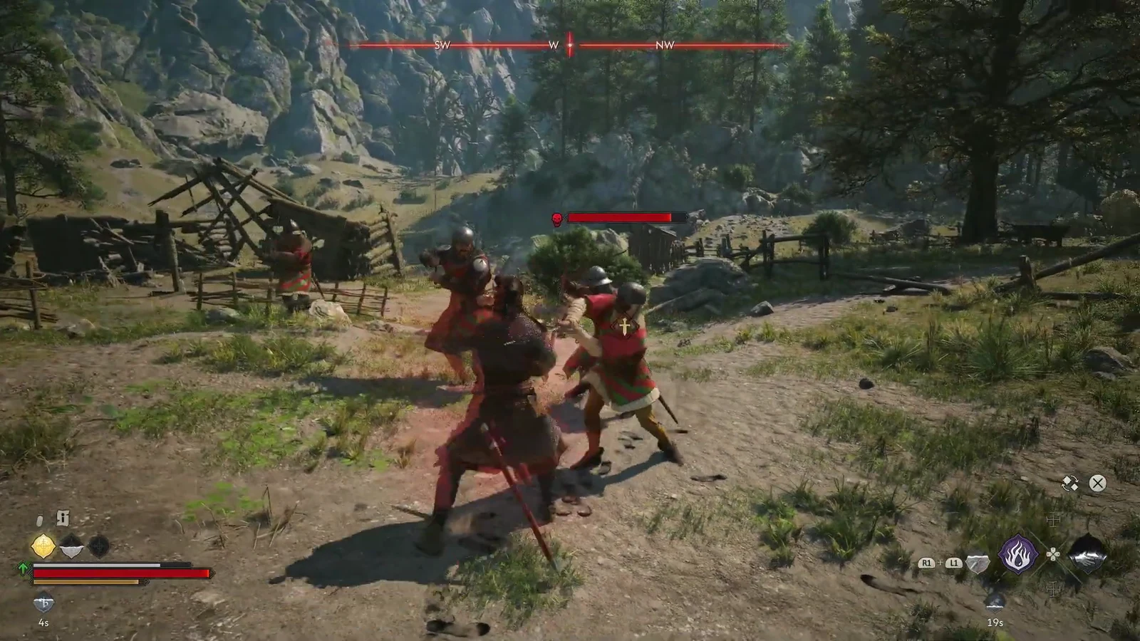 Sword attack landing on an armored headhunter with more enemies closing in from the treeline