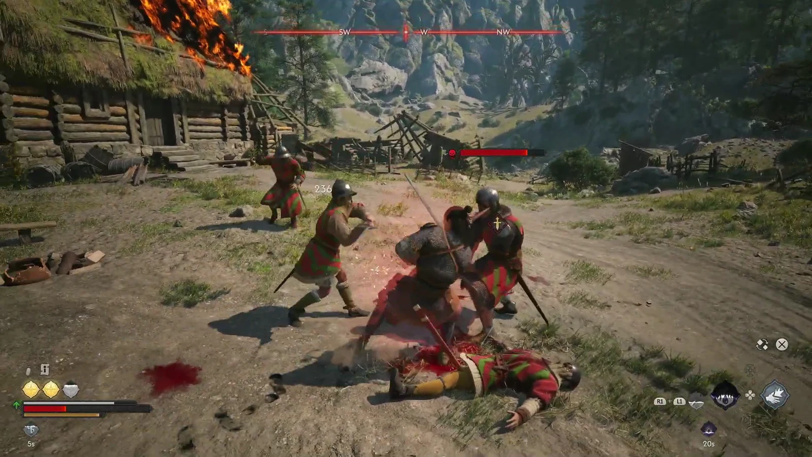 Coen swinging at several red-clad headhunters as huts burn around the camp