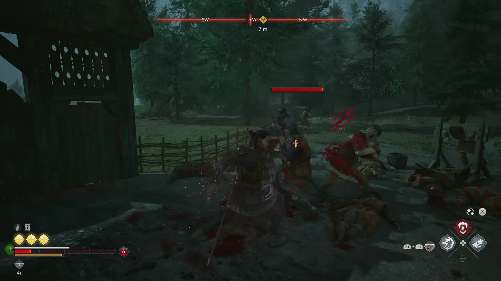 Coen striking the last marked guard, whose health bar is nearly empty, with bodies on the ground