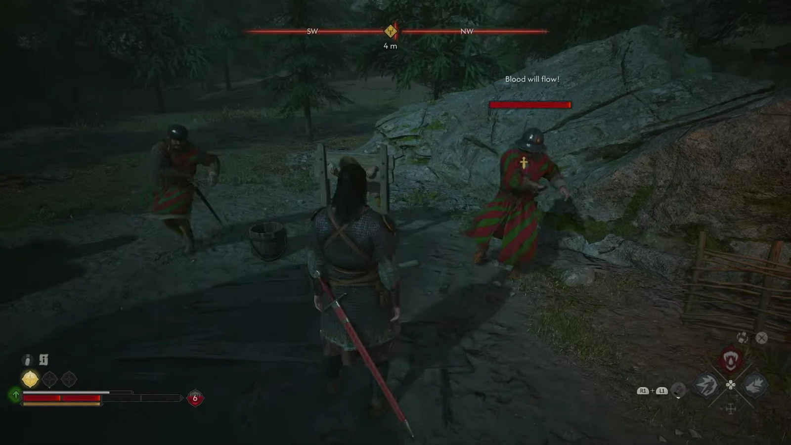 Coen trading blows with two red-and-green Bakir guards, the targeted enemy's health bar on screen
