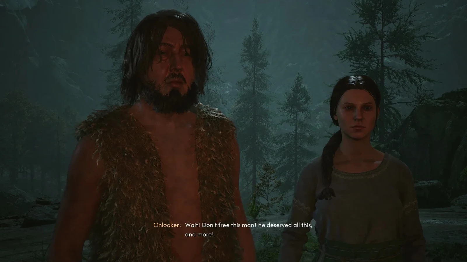 Dialogue options shown while an onlooker argues against releasing the prisoner Baltzer