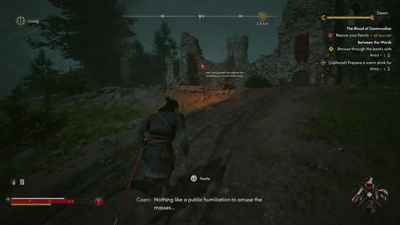 Coen running toward the tracked quest marker at the ruins outside Lunar Manor