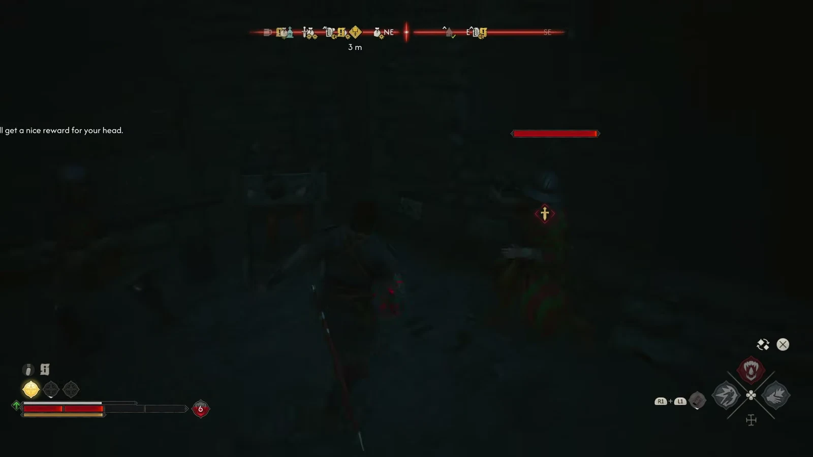 Coen attacks one of the pillory guards with the enemy health bar shown in the HUD