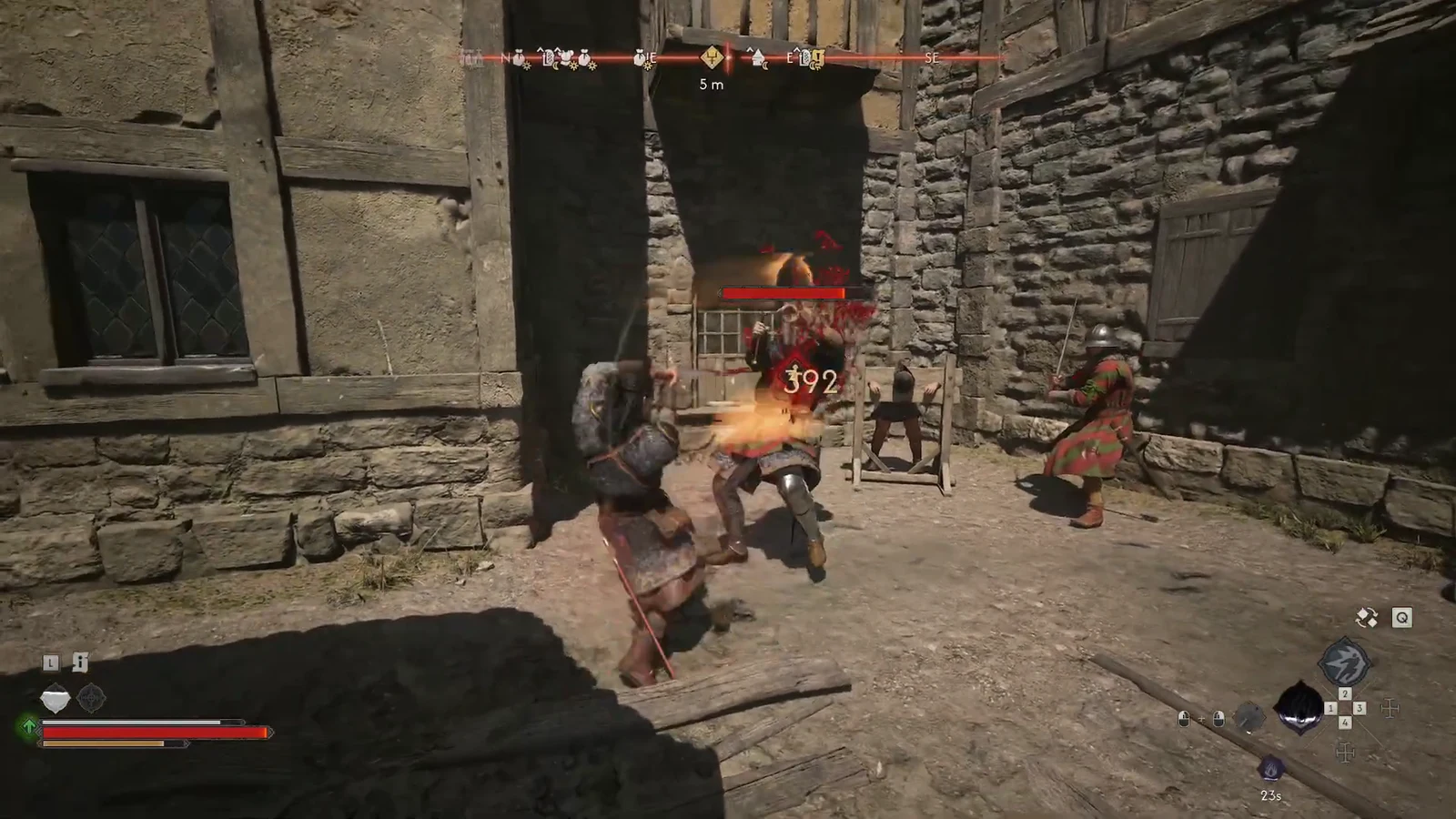 Coen hitting a shield-carrying guard for 392 damage during the pillory fight
