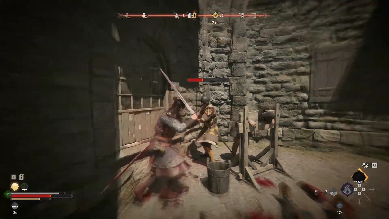 Sword strike against an armoured guard in the stone courtyard, health bar showing