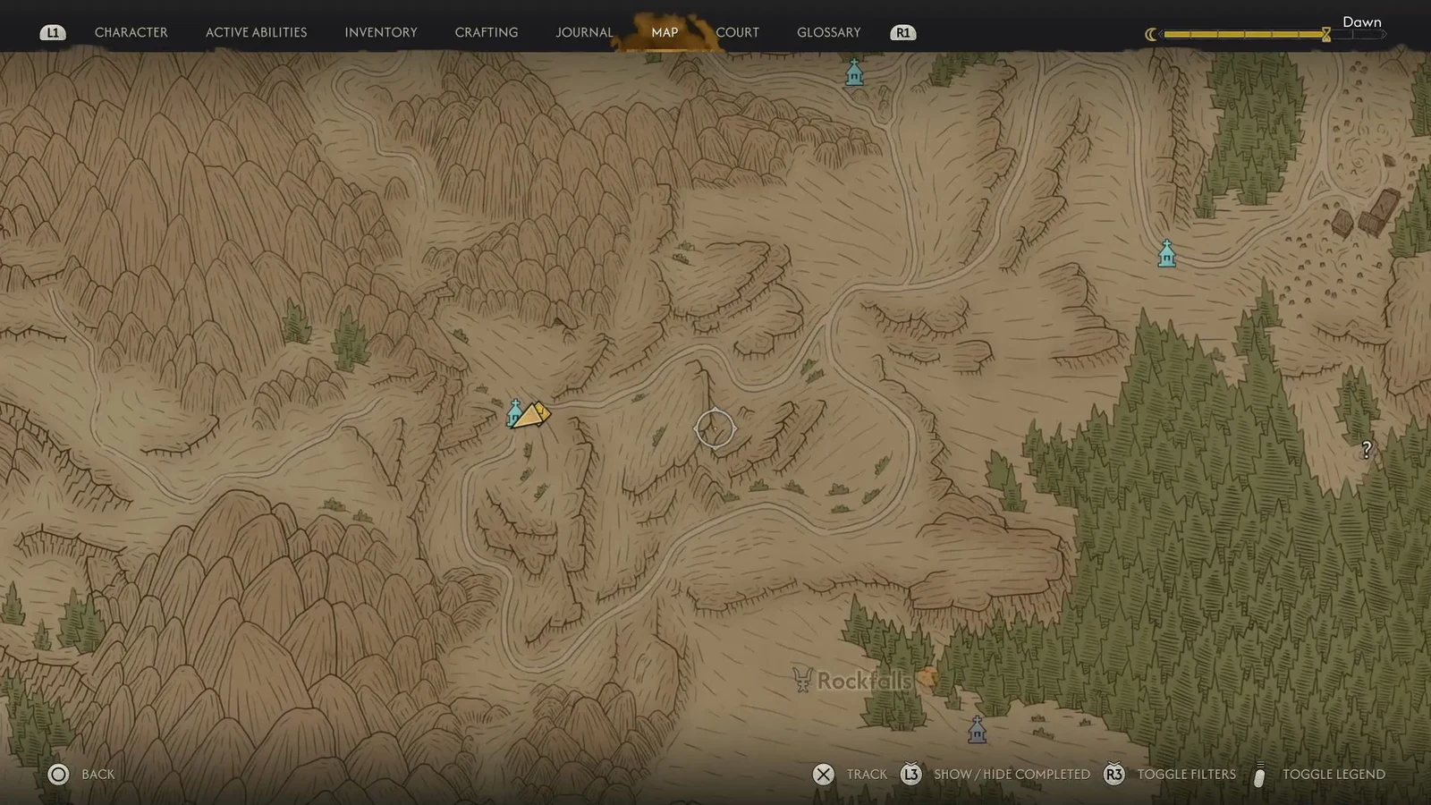 Open map screen showing the Rockfalls area with a yellow quest marker and nearby shrine icons