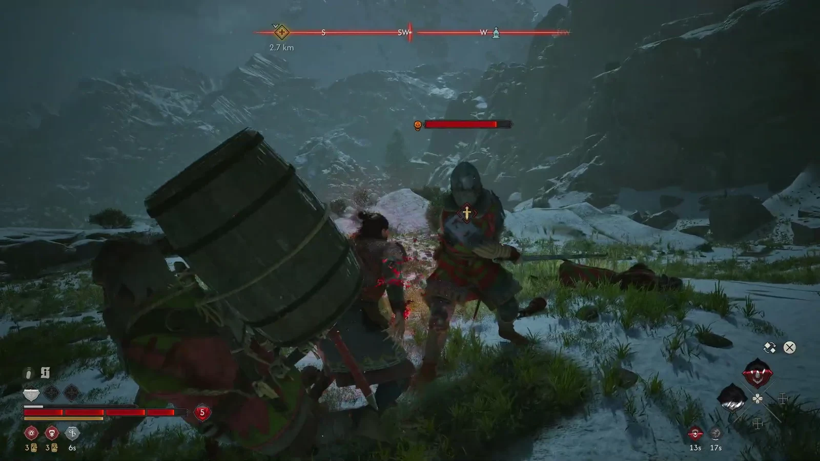 Coen striking a locked-on armored lackey on a snowy mountain path, red health bar above the enemy