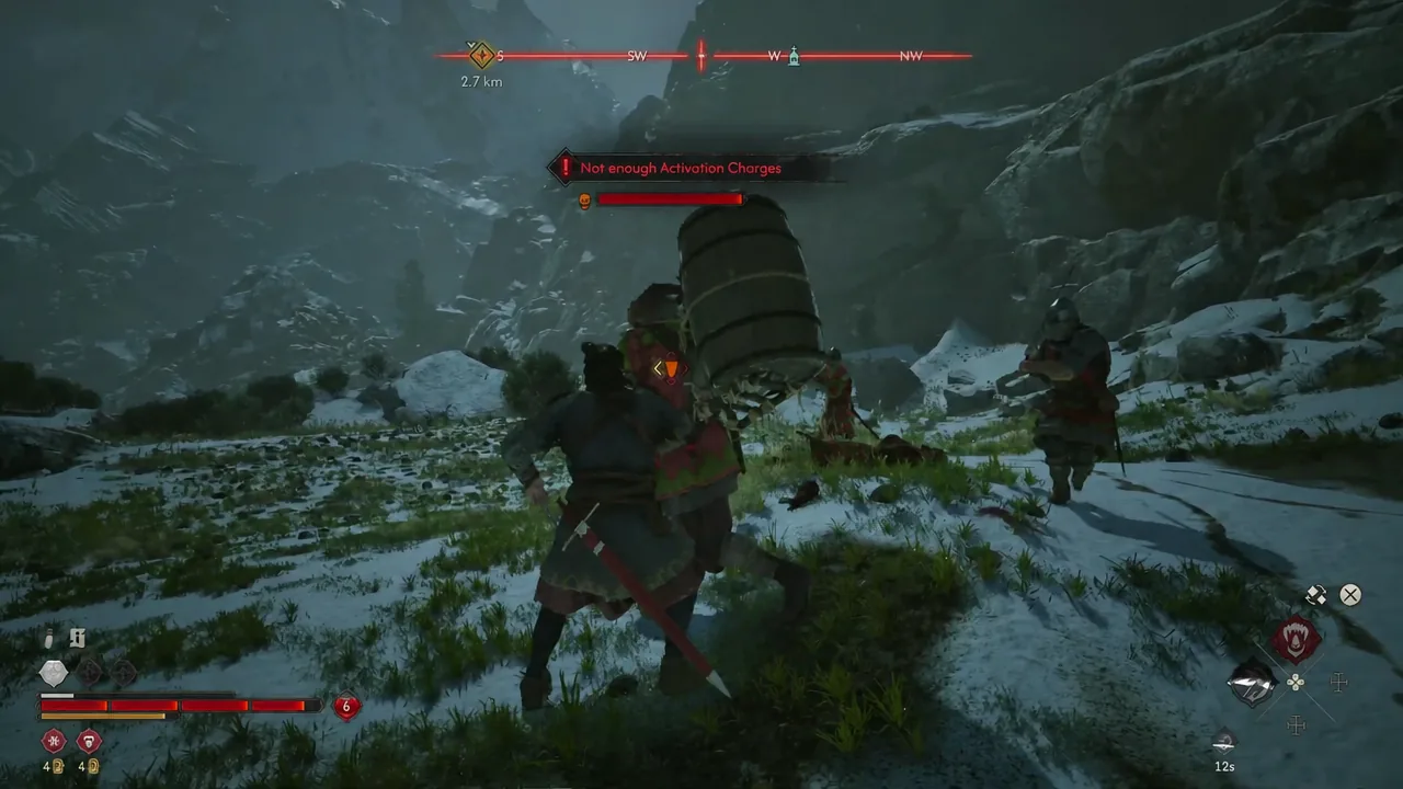 Combat HUD showing the Not enough Activation Charges warning during a fight with a large enemy