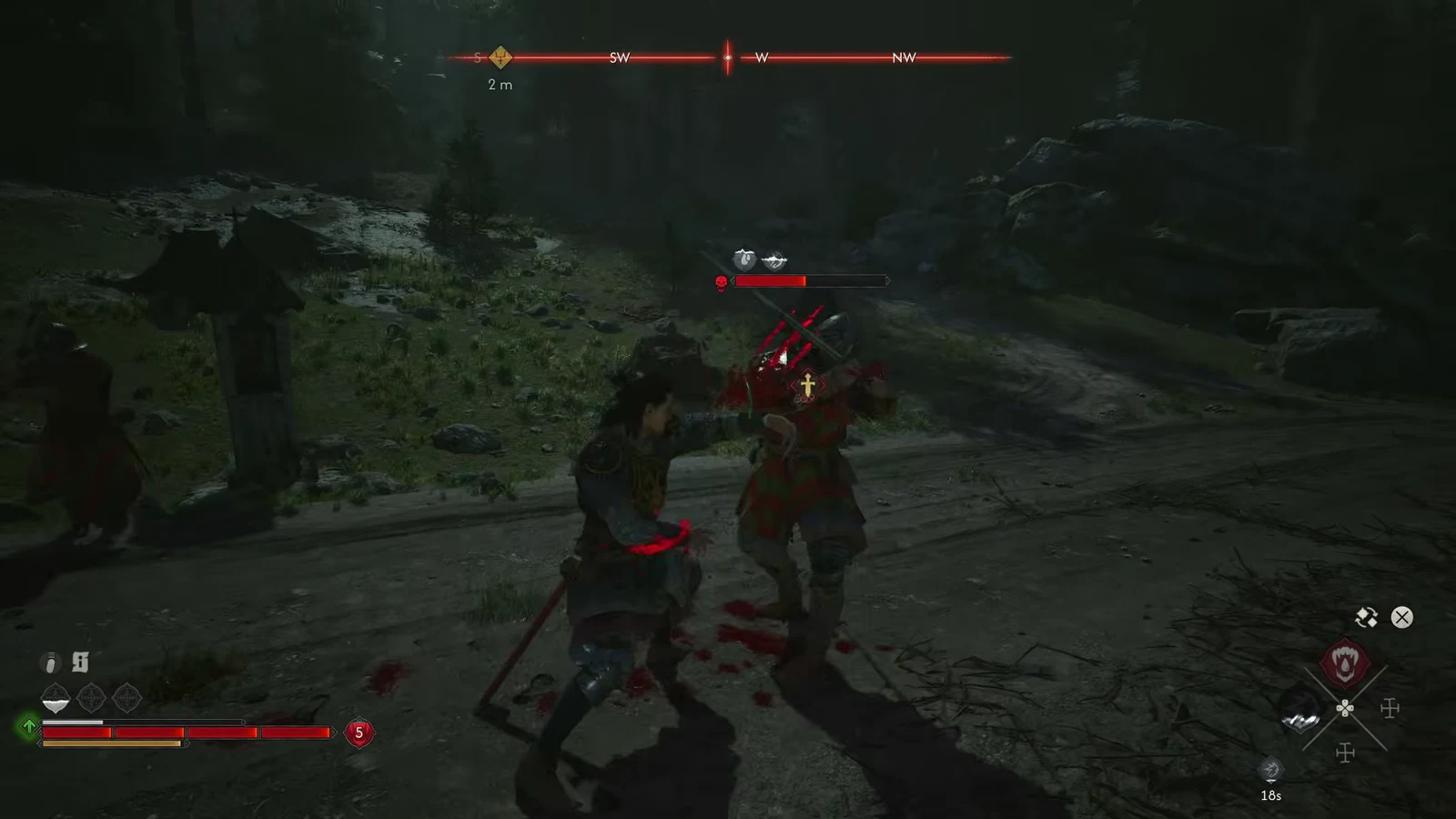 Coen strikes a locked-on transport guard whose health bar is partly drained