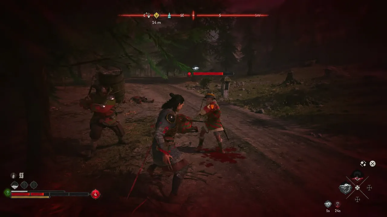 Coen fighting the last two transport guards in the forest with low health showing on the HUD