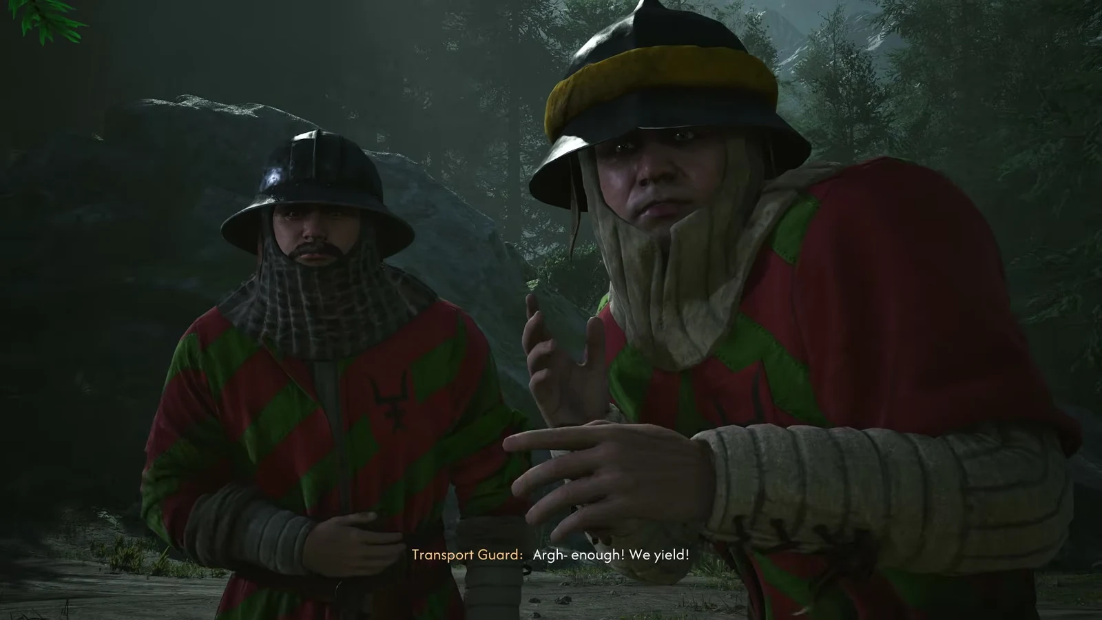 Surrendering transport guards offering Coen a map to their hidden gold