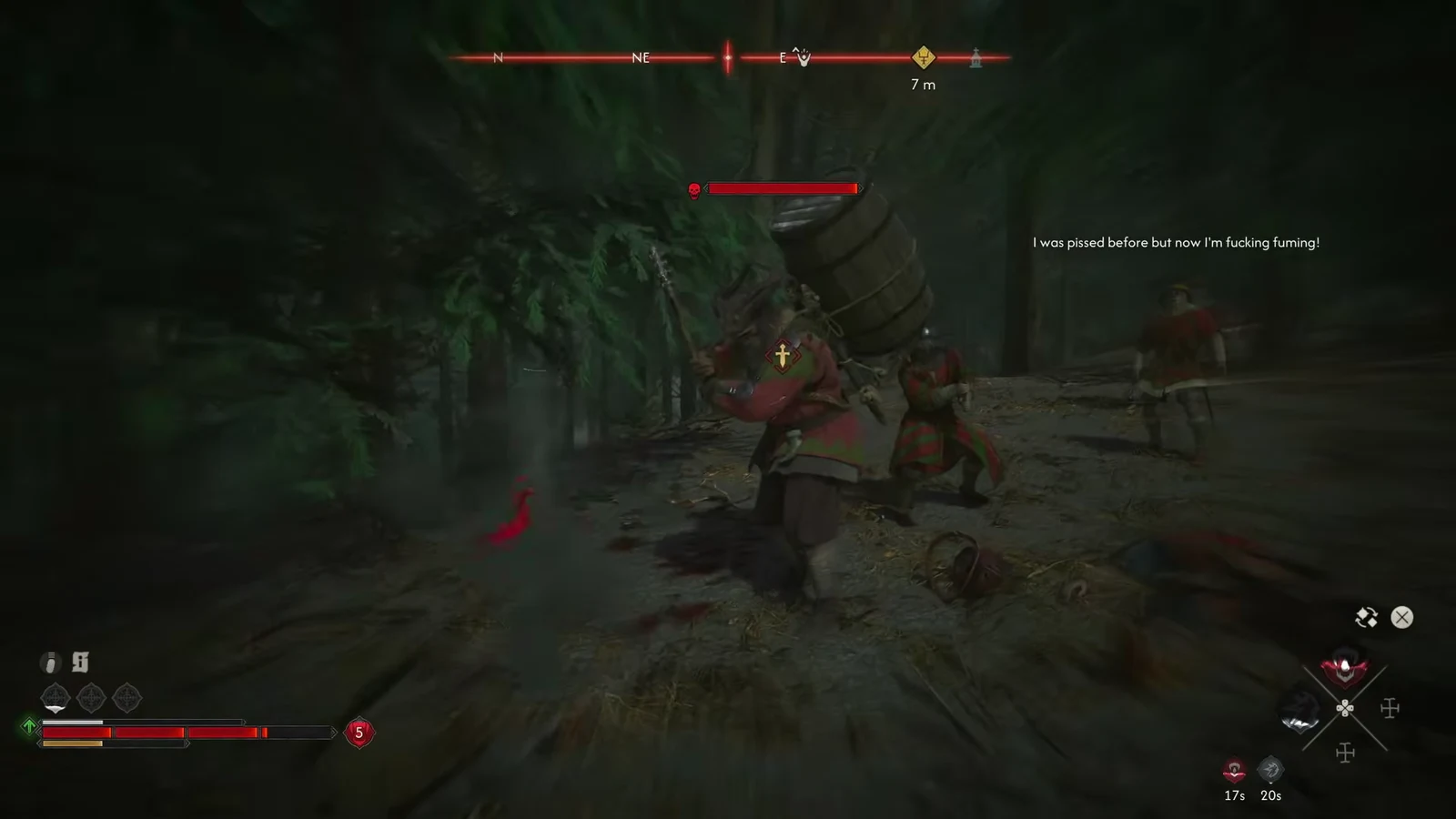 An armored escort guard targeted with a red health bar during the roadside fight