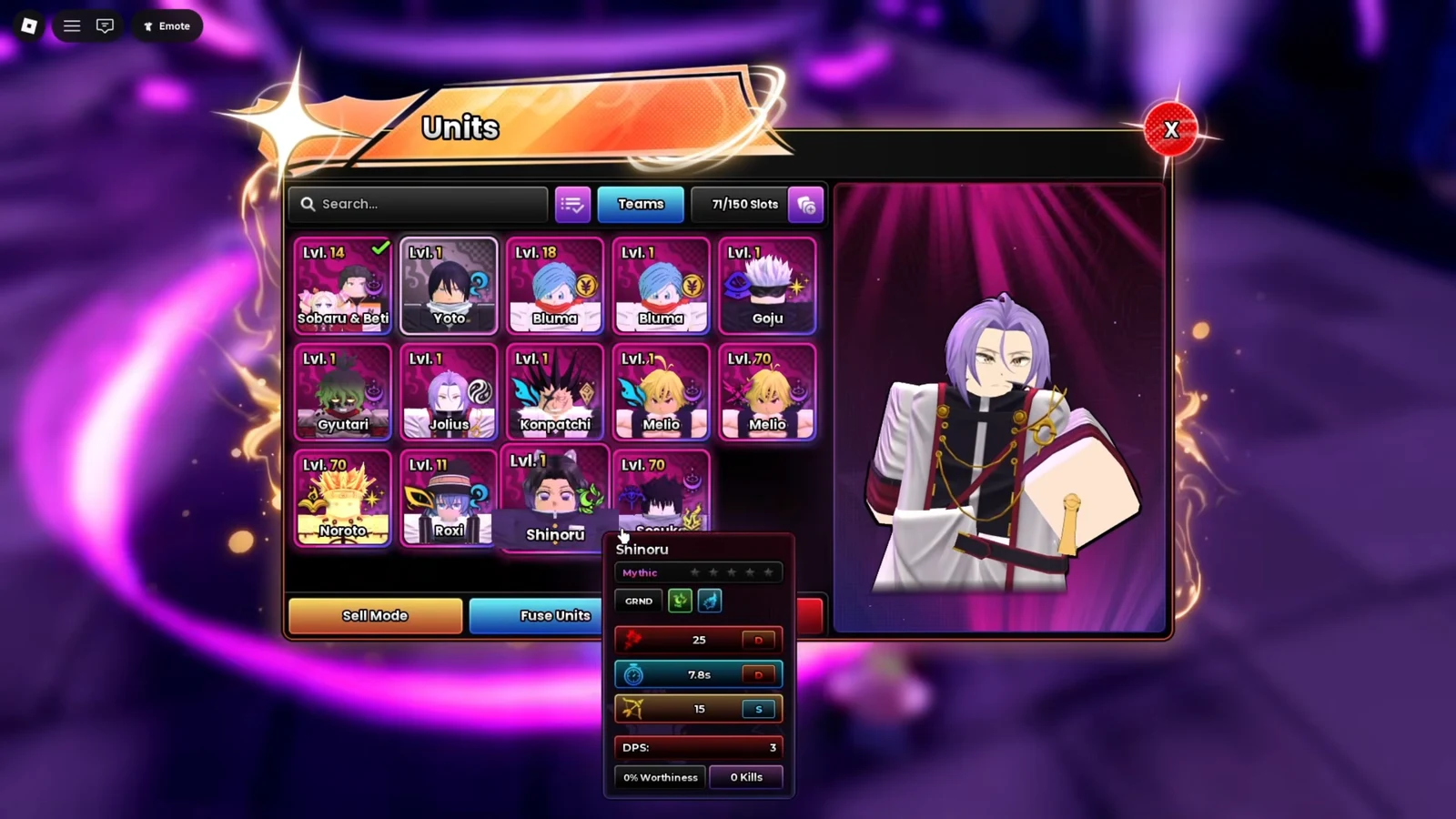 Units menu showing Shinoru selected with the character stats panel open for comparison