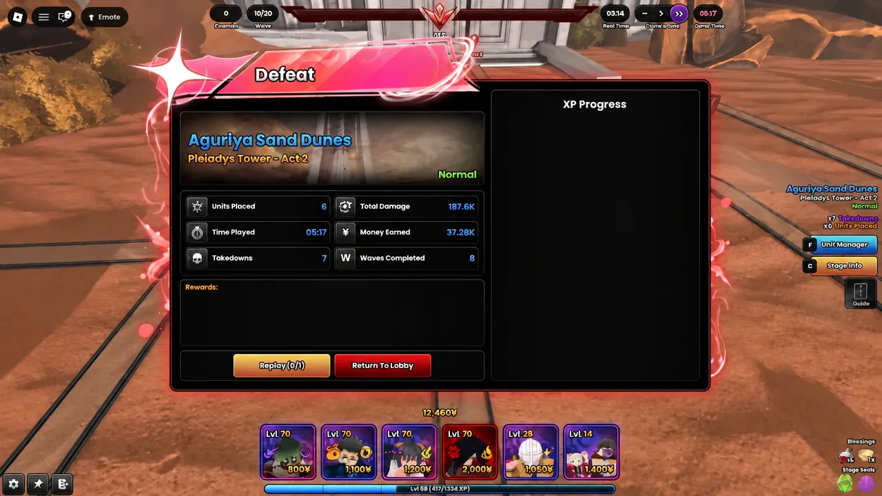 Defeat results screen for Aguriya Sand Dunes showing battle stats with Replay and Return to Lobby options
