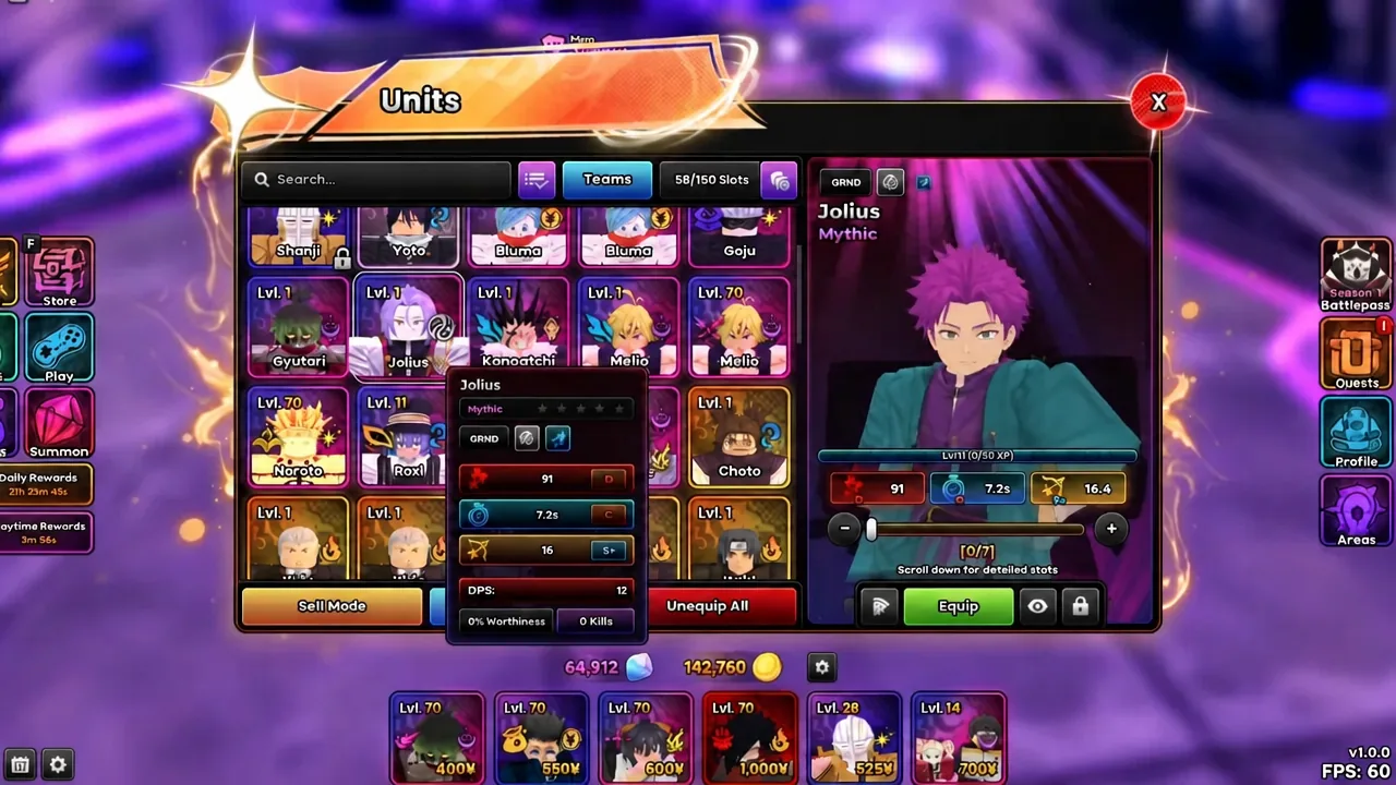 Units screen in Anime Origins with Jolius selected and his stat details panel open