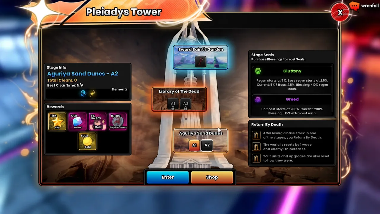 Pleiadys Tower stage select with Aguriya Sand Dunes A2 highlighted and the Enter button ready