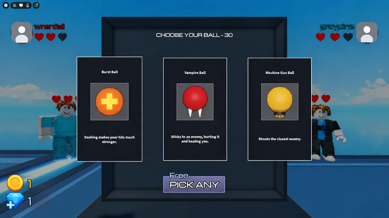 Ball selection screen offering Burst Ball, Vampire Ball and Machine Gun Ball on a 30-second timer