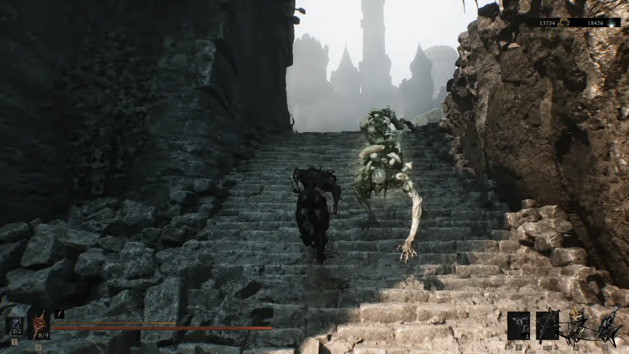 Player climbing stone stairs inside High Lord's Keep while a skeletal enemy blocks the way