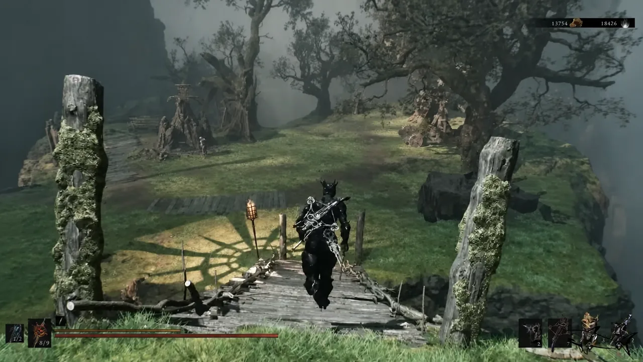 Player character crossing a wooden bridge toward open ground on the route west through Mammon