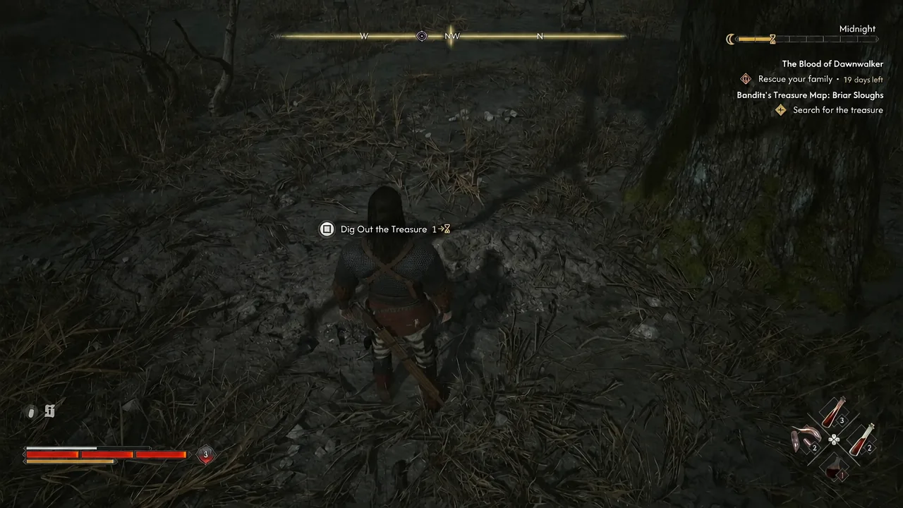 On-screen Dig Out the Treasure interaction prompt at the buried stash