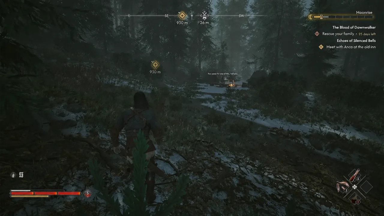 Night-time forest run with the on-screen waypoint showing 930 meters to the bandit camp