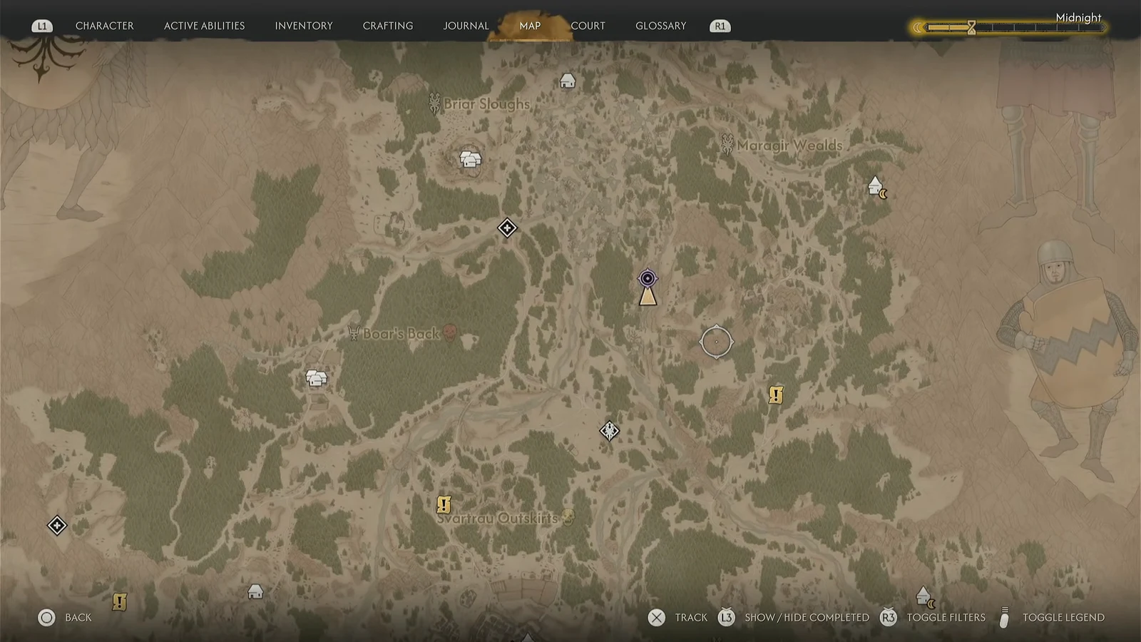 World map screen open with regional markers and the treasure search zone visible