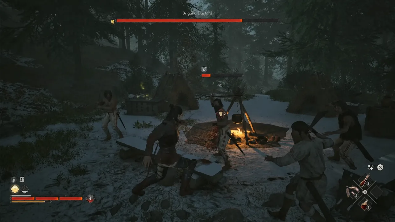 Combat around a campfire with the Brigand Bastard boss health bar shown at the top of the screen