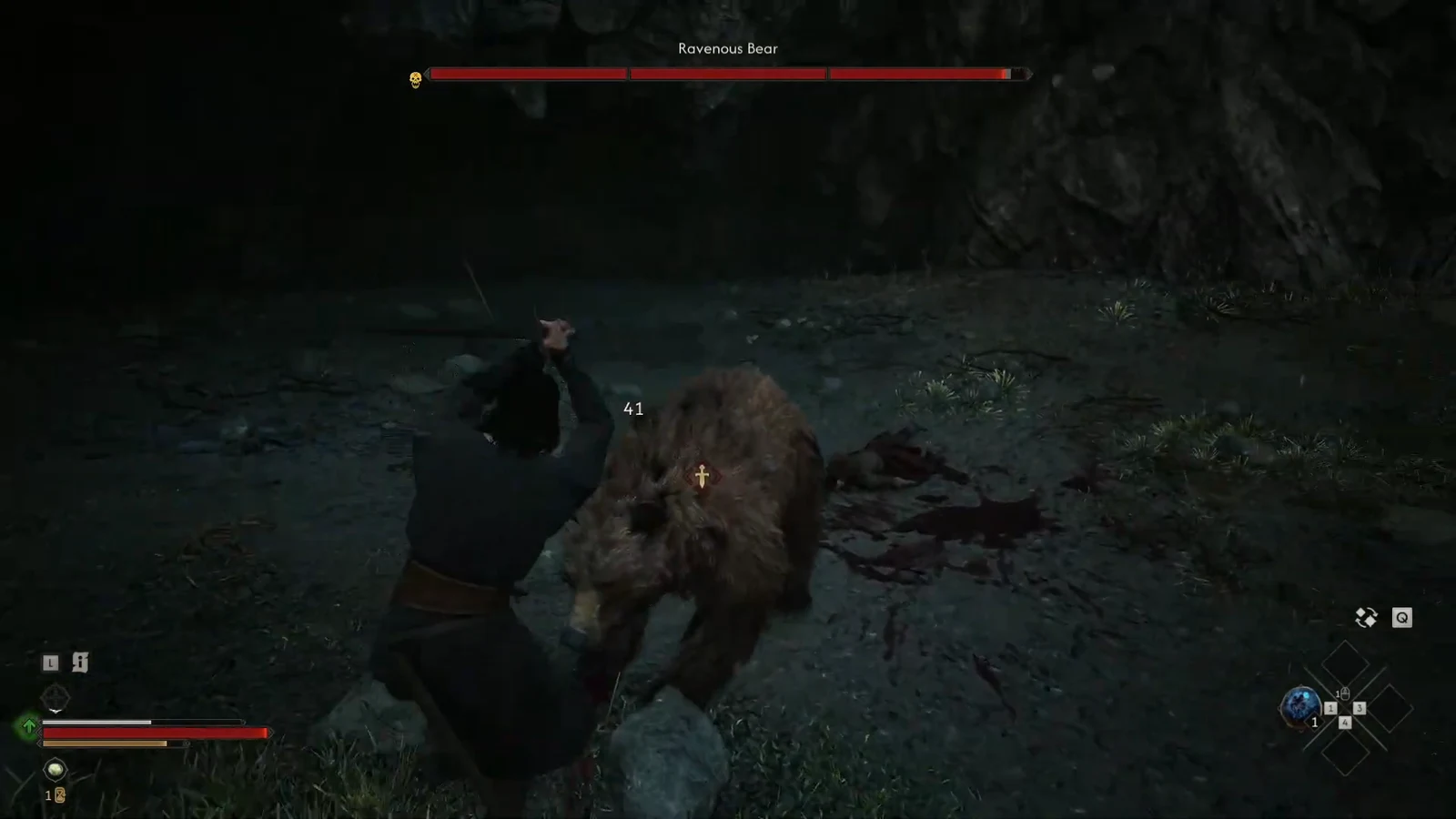Coen striking the Ravenous Bear early in the fight with its health bar still almost full