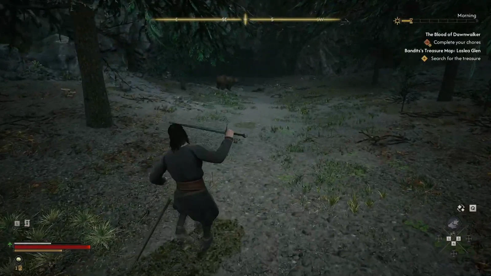 Coen moving through the forest with his sword drawn while the Search for the treasure objective is active