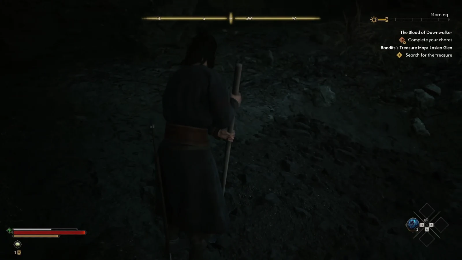 Coen searching dark ground for the dig site with the Bandit's Treasure Map: Laslea Glen quest active