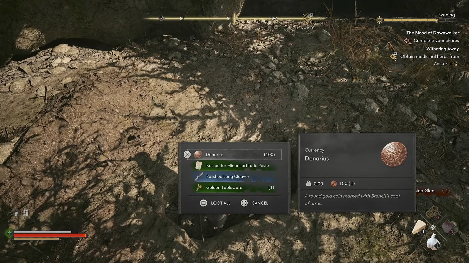 Loot window showing Denarius and other items with Loot All and Cancel options