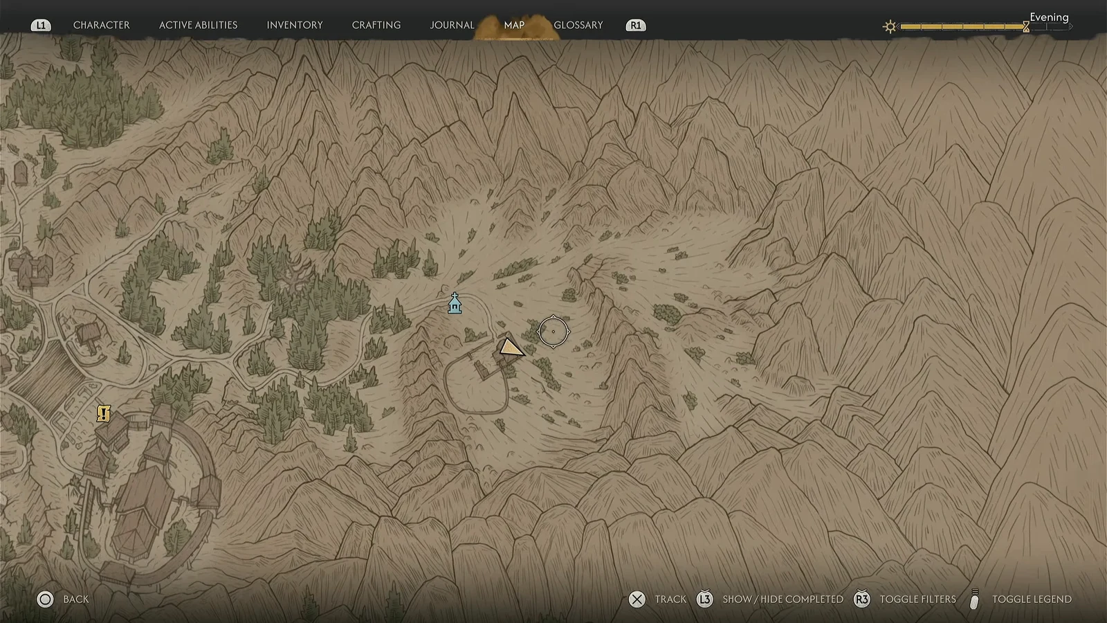 World map screen with a custom marker cursor placed east of the player's position in Laslea Glen