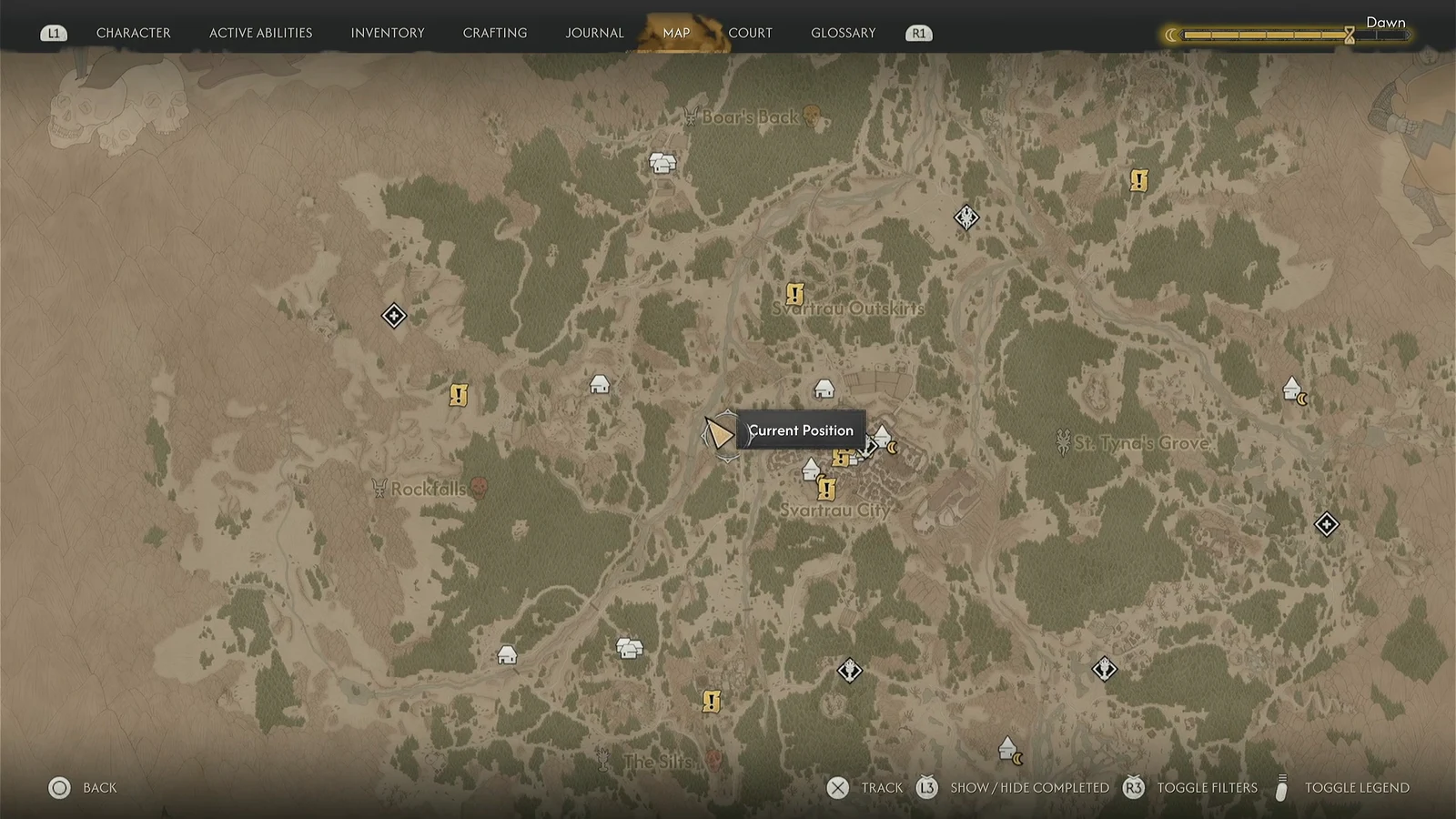 Map screen with the Current Position marker highlighted next to the city