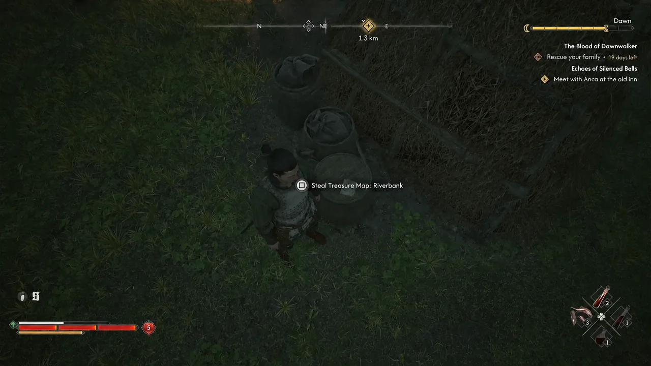 On-screen prompt reading Steal Treasure Map: Riverbank next to a barrel in the bandit camp