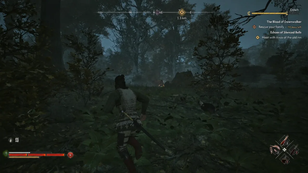 Player running through forest with the objective marker showing 1.3 km to the campsite
