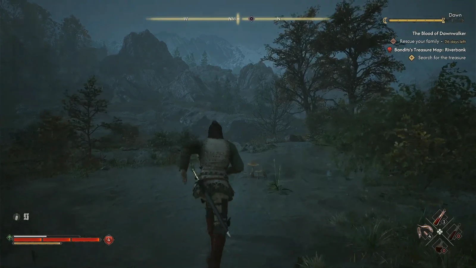 Character wading through flooded forest with the Riverbank treasure objective active in the tracker