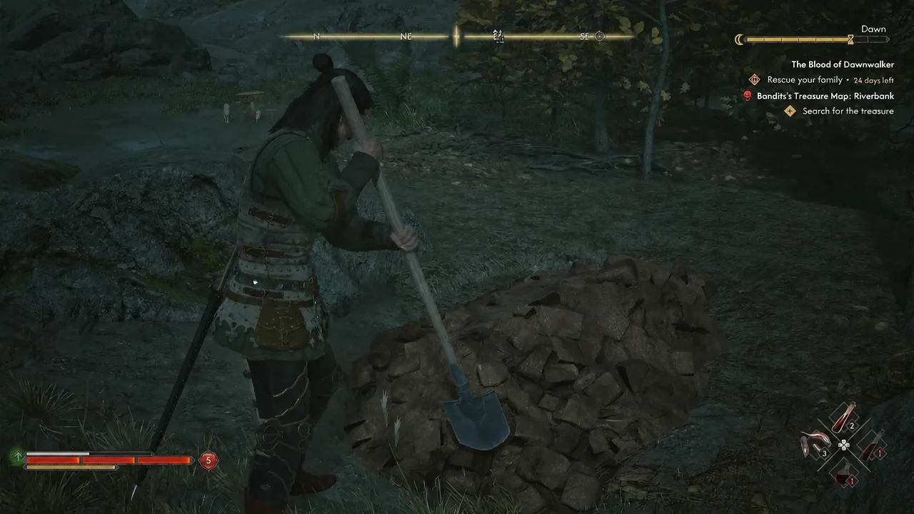 Digging the dirt mound beside a rock pile with the Search for the treasure objective on screen
