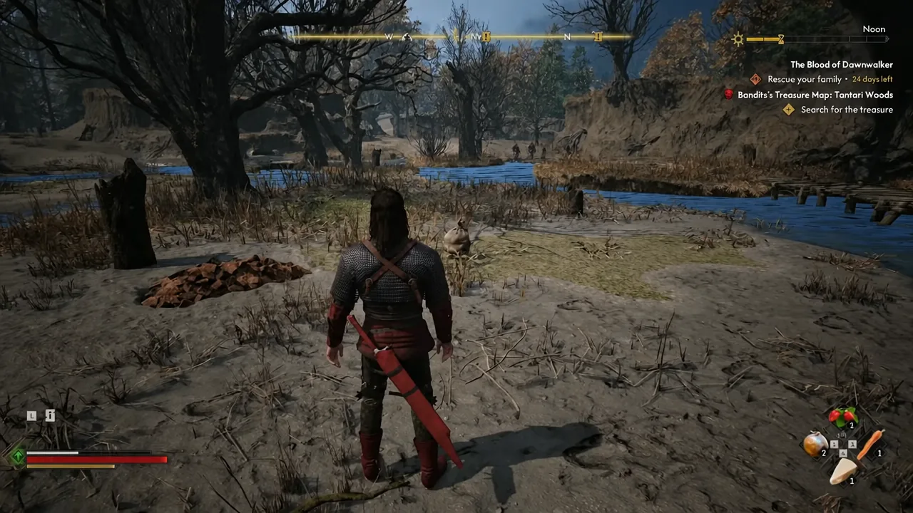 Exploring Tantari Woods with the quest tracker showing the objective to search for the treasure