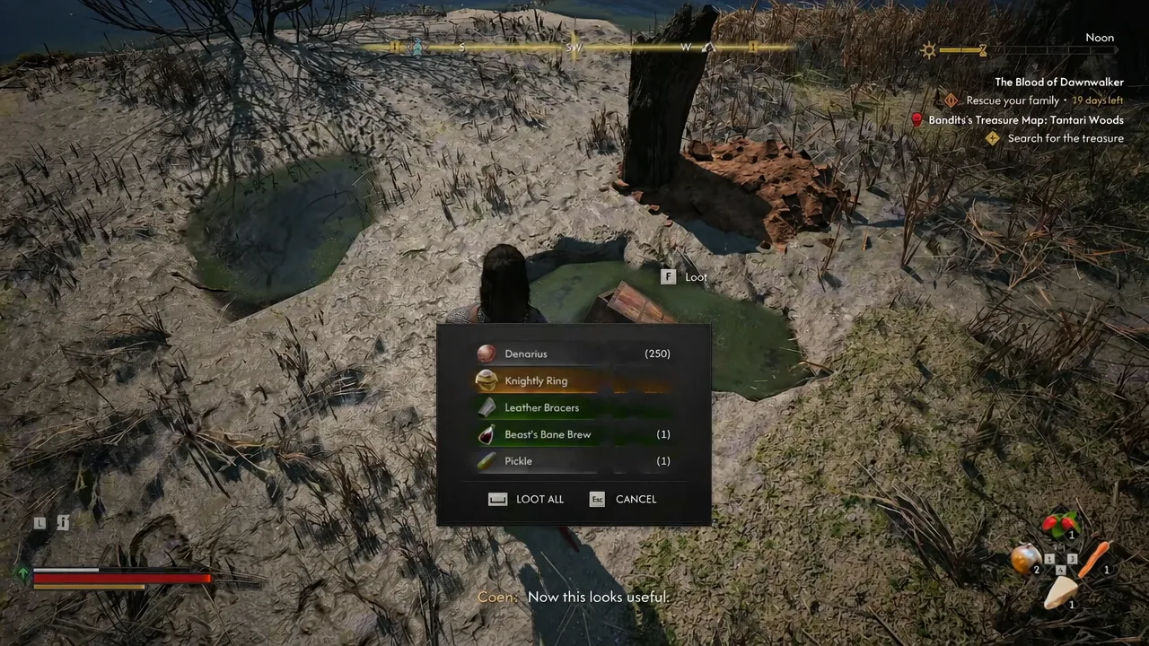 The loot window open on the buried chest with the Knightly Ring selected