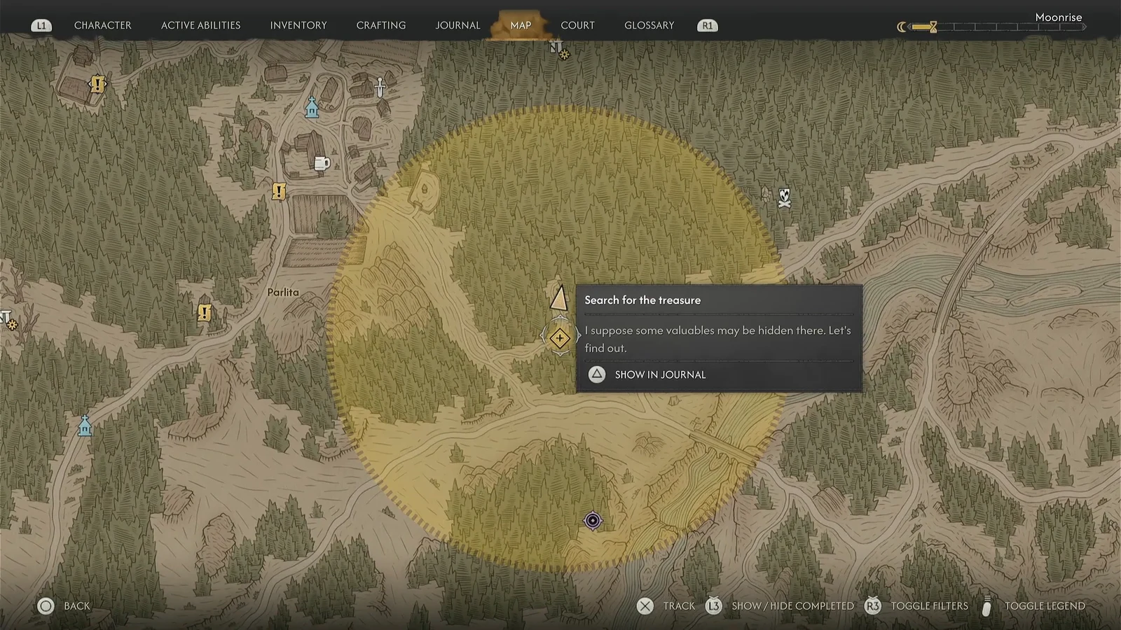 Map screen with the Search for the treasure objective selected and the Show in Journal option visible