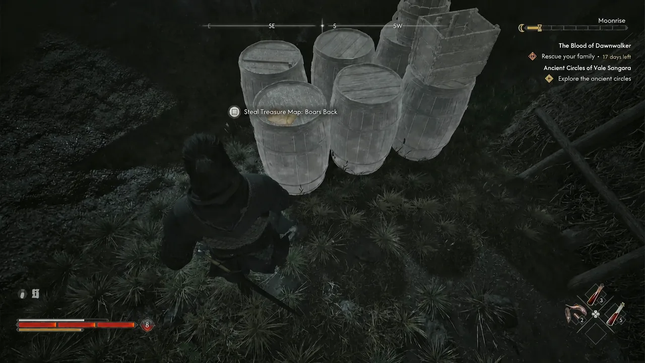 Steal prompt for the Boars Back treasure map at the white barrels next to a bandit tent